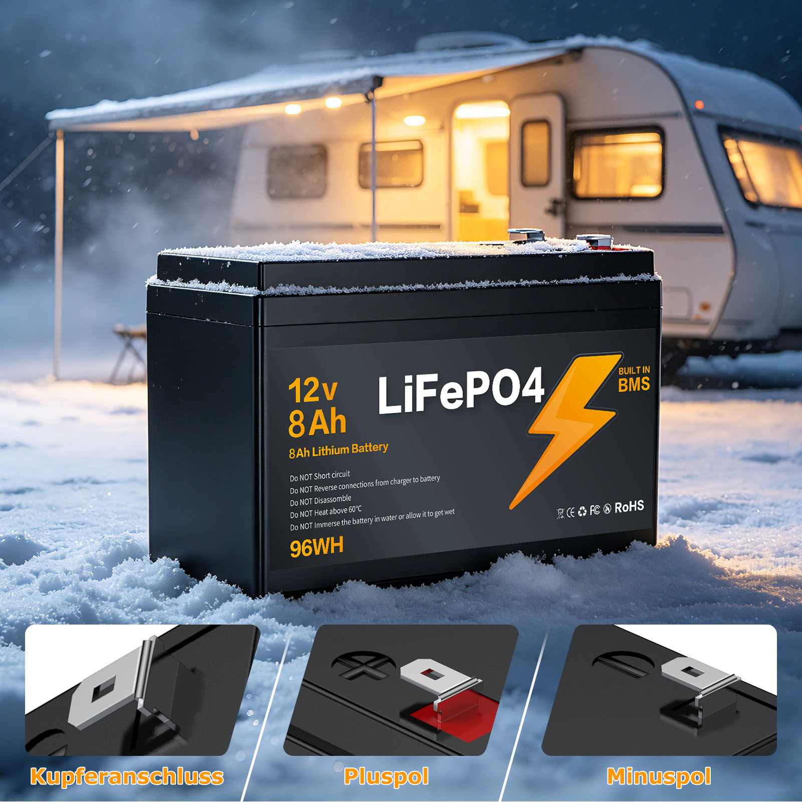 LIONSHEE 12V 8Ah LiFePO4 Akku Mit BMS, 96Wh Und Bis Zu 15.000 Zyklen – BZ0003-LFP-7.5A