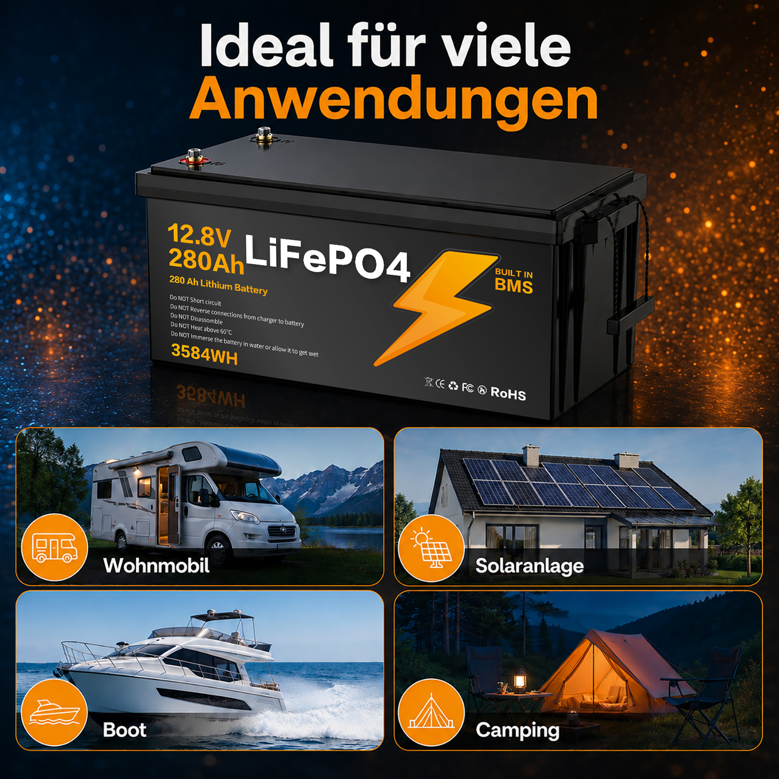 LiFePO4 Akku f&uuml;r Wohnmobil, Boot, Solaranlage und Camping