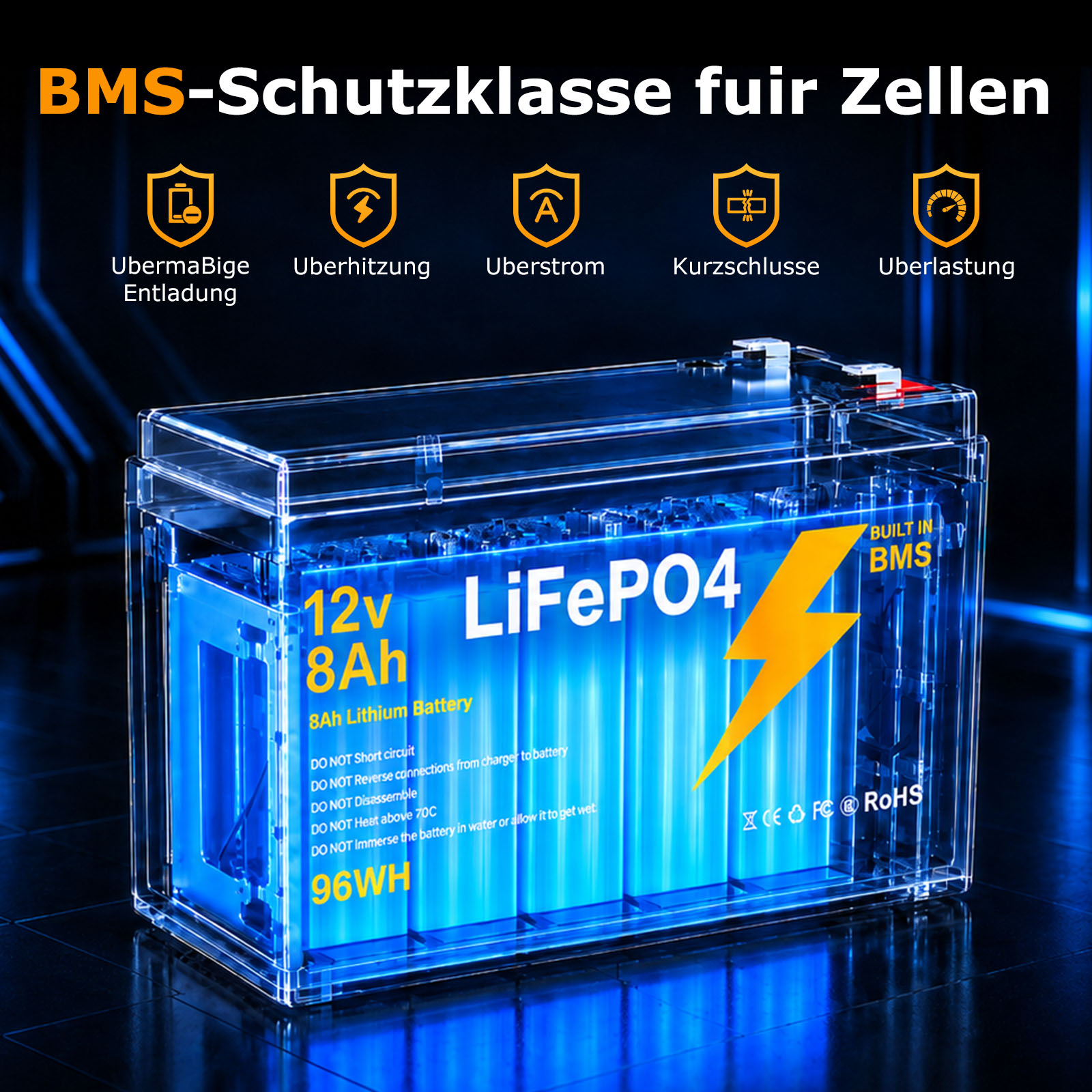 LIONSHEE 12V 8Ah LiFePO4 Akku Mit BMS, 96Wh Und Bis Zu 15.000 Zyklen – BZ0003-LFP-7.5A