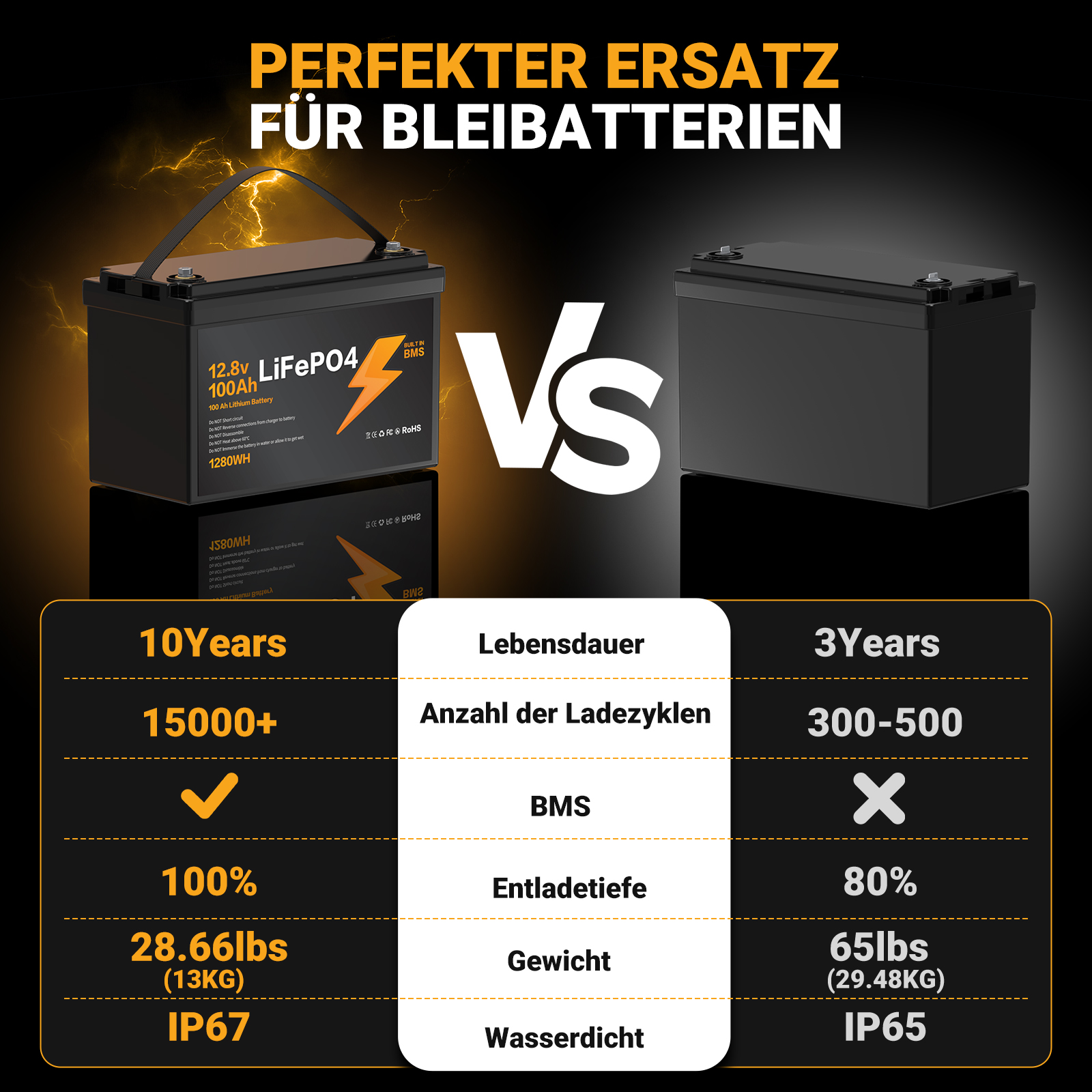 LIONSHEE 12,8V 100Ah LiFePO4 Akku mit BMS, 1280Wh, IP67 und bis zu 15.000 Zyklen