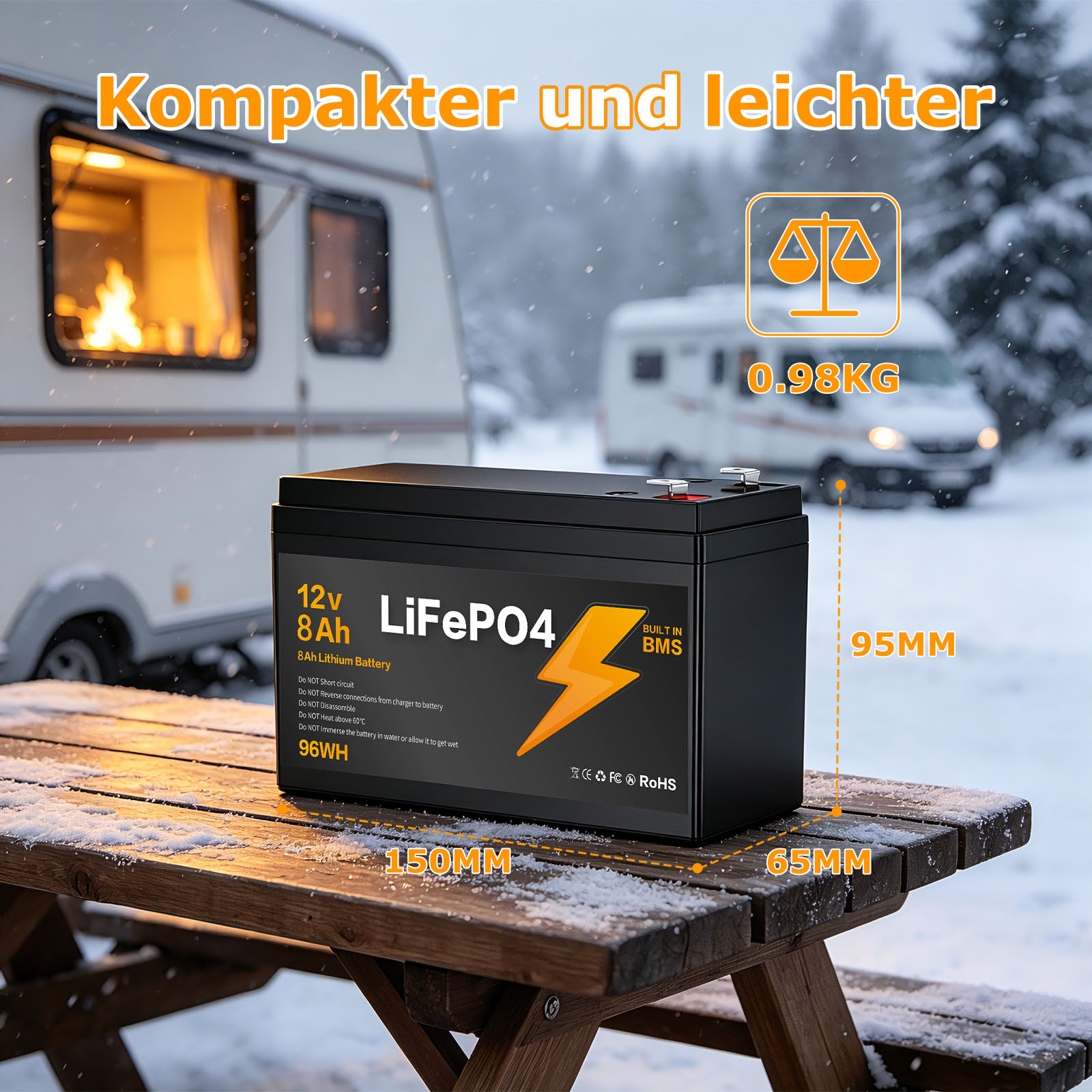 LIONSHEE 12V 8Ah LiFePO4 Akku Mit BMS, 96Wh Und Bis Zu 15.000 Zyklen – BZ0003-LFP-7.5A