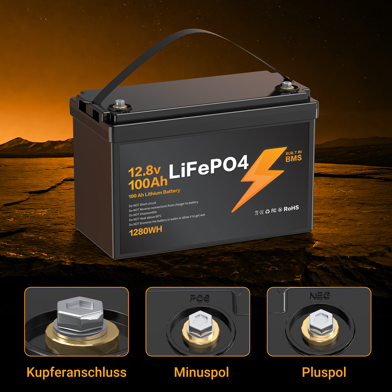 LIONSHEE 12,8V 100Ah LiFePO4 Akku mit BMS, 1280Wh, IP67 und bis zu 15.000 Zyklen