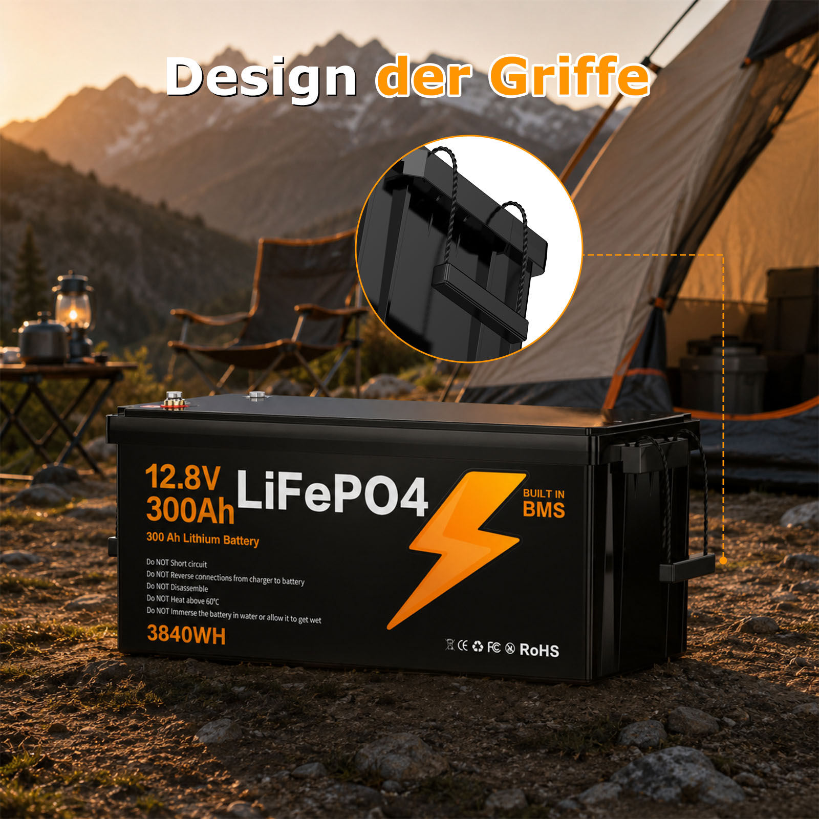26,55kg schwerer 300Ah LiFePO4 Akku mit Seil-Tragegriffen