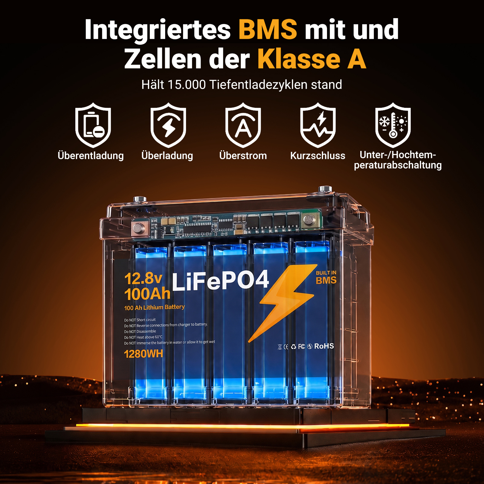 LIONSHEE 12,8V 100Ah LiFePO4 Akku mit BMS, 1280Wh, IP67 und bis zu 15.000 Zyklen